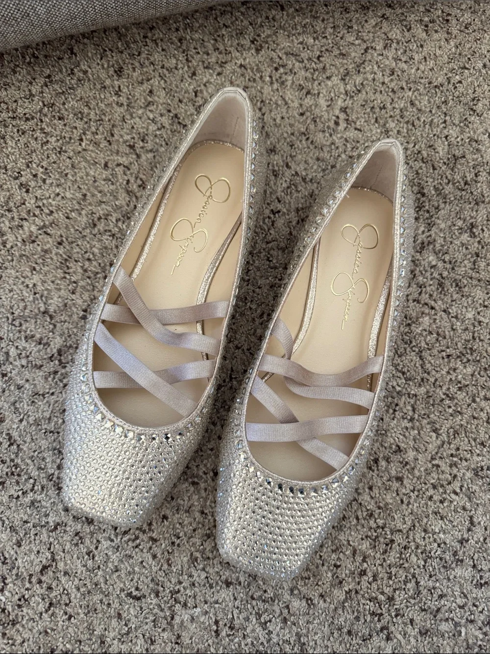 Jessica Simpson Crystal-Embellished Gold Ballet Flats with Cross Straps